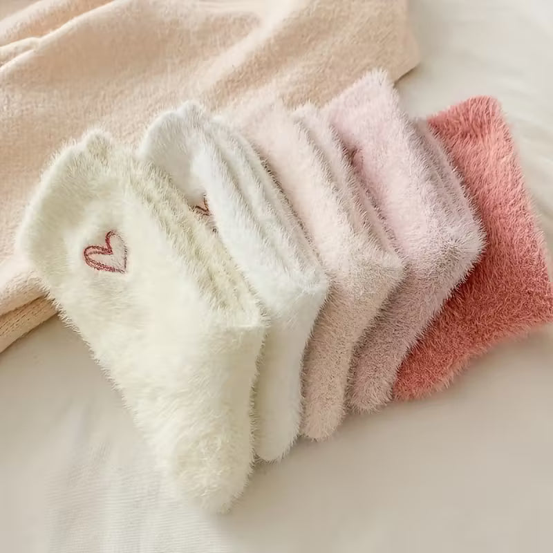 5 Pairs of Cozy Heart-Embroidered Socks - Soft, Fluffy, Mid-Calf Length FAR0049