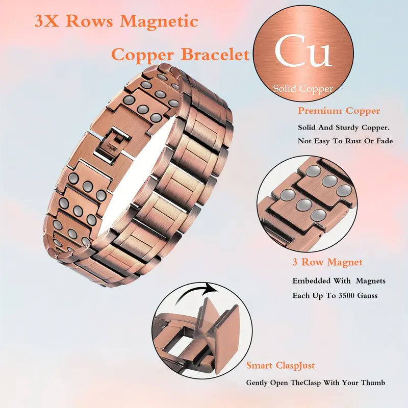 Pure Copper Magnetic Bracelet with 3 Rows Neodymium Magnets – Adjustable Men’s Wellness Gift LUX0021