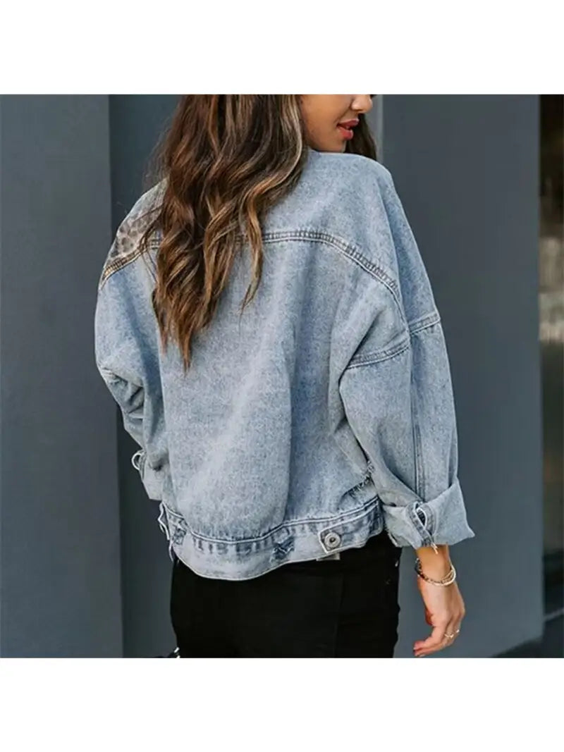 New Leopard Print Fashion Patchwork Torn Denim Top Casual Jacket LUX0014