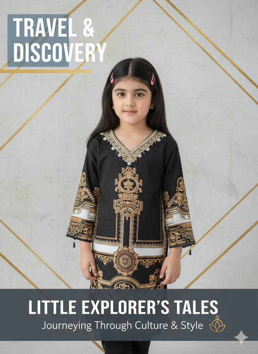 Little Explorer's Tales: Black & Gold Traditional Pakistani Kids Kurti | Festive Luxury Wear | Luxira Store