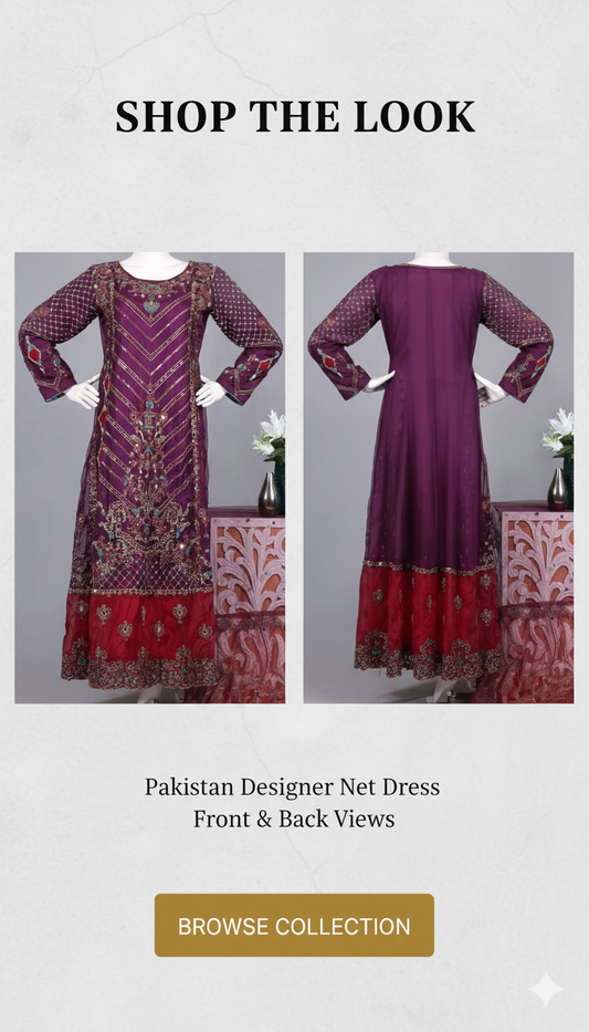 Shop The Look: Pakistan Designer Net Dress | Heavy Embroidered Plum & Maroon Formal Wear | Luxira Store