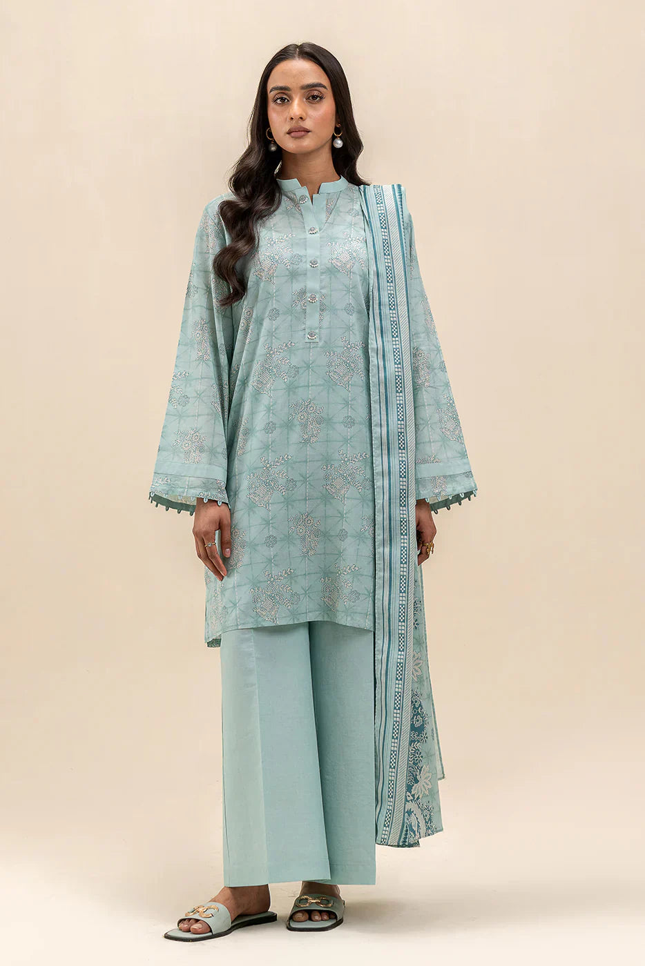 Beechtree Printed Blended Lawn Suit TURQUOISE GRACE FAR0025