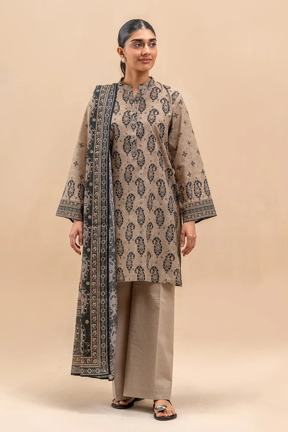 Beechtree Printed Blended Lawn Suit BEIGE VERVE FAR0027
