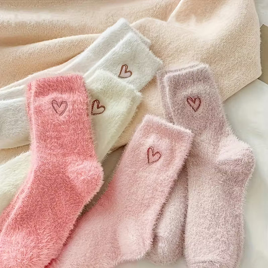 5 Pairs of Cozy Heart-Embroidered Socks - Soft, Fluffy, Mid-Calf Length FAR0049