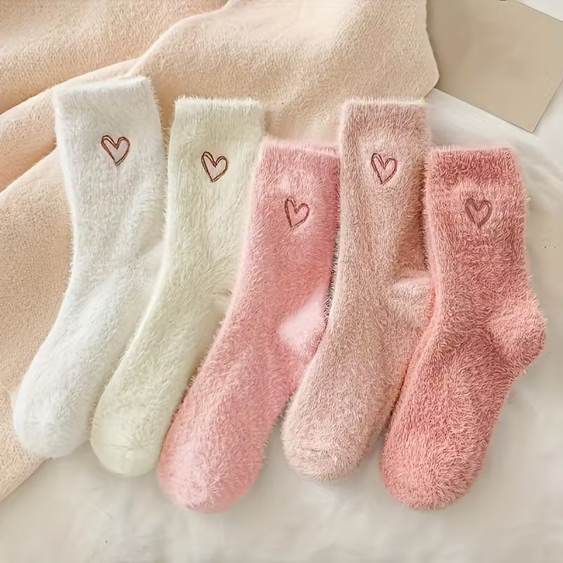 5 Pairs of Cozy Heart-Embroidered Socks - Soft, Fluffy, Mid-Calf Length FAR0049