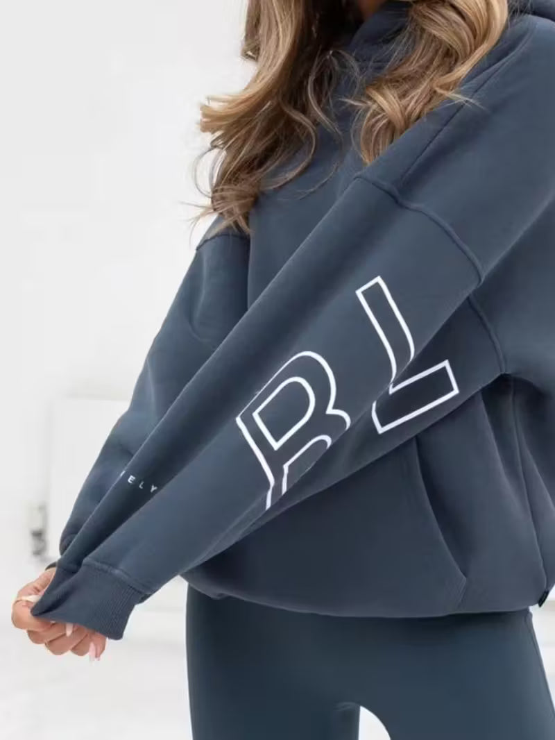 Women's Thick Hooded Sweatshirt - Oversized Loose Fit Long Sleeve Letter Print Pullover FAR0033