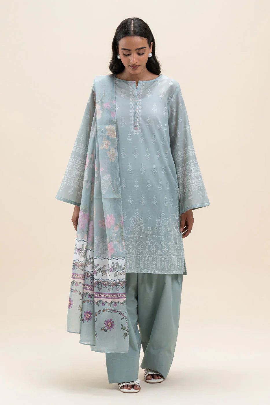 Beechtree Printed Blended Lawn Suit PISTACHIO ORCHID FAR0029