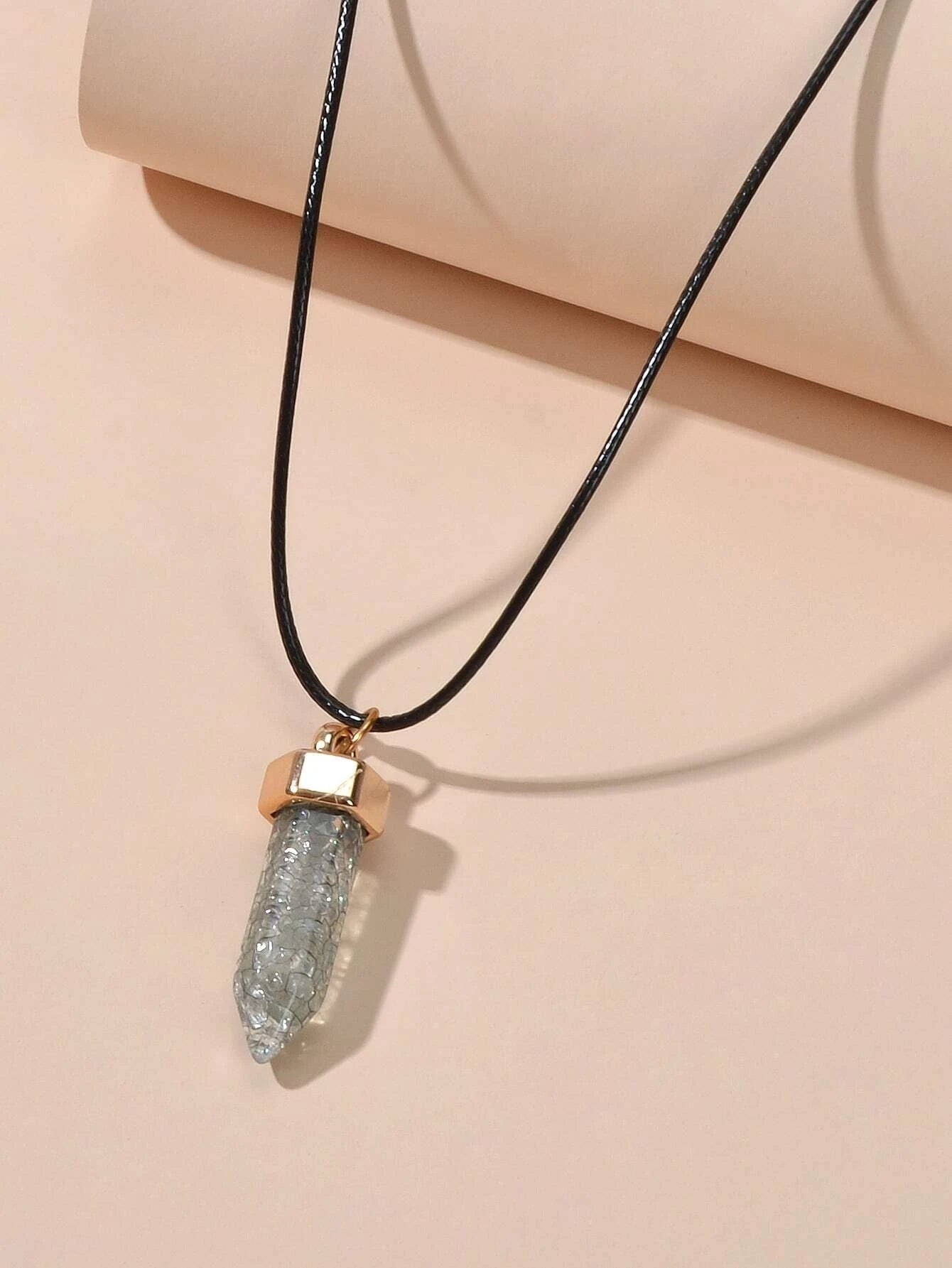Boho Jewelry Black Leather Rope Colorful Bullet Shape Textured Pendant Necklace-2