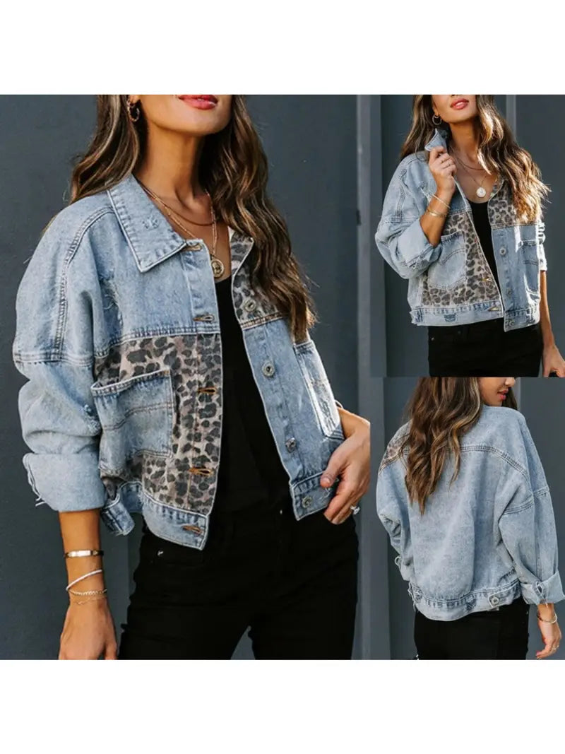 New Leopard Print Fashion Patchwork Torn Denim Top Casual Jacket LUX0014