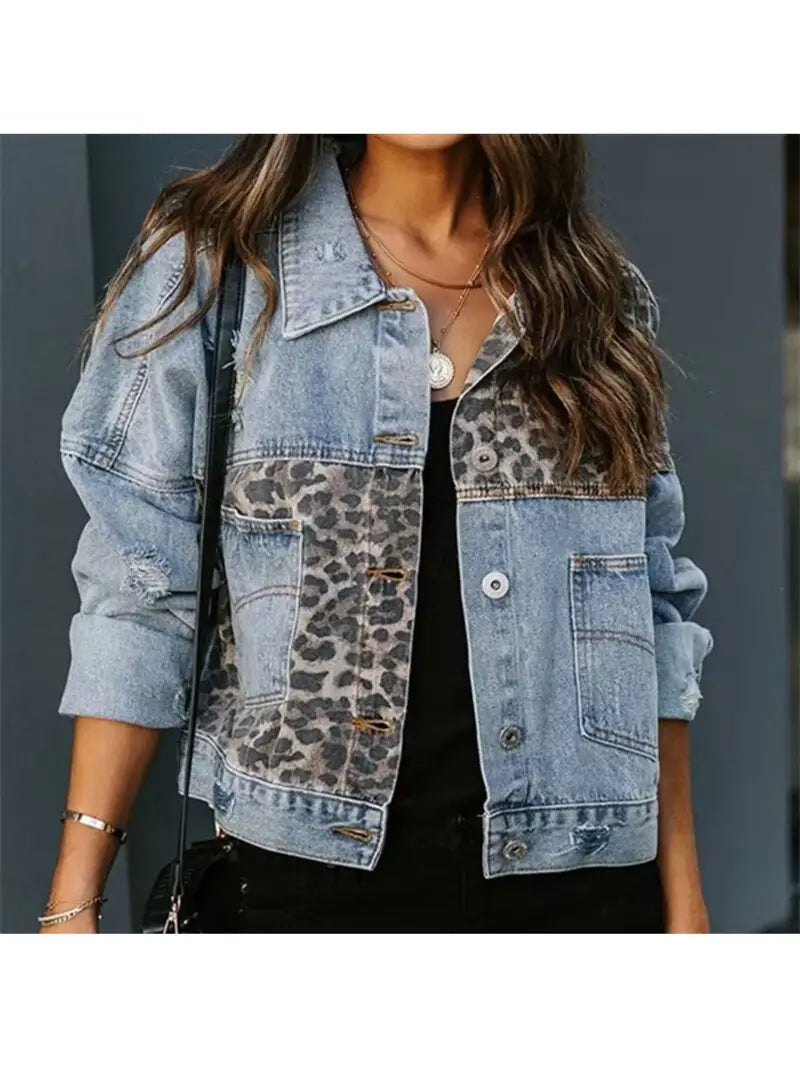 New Leopard Print Fashion Patchwork Torn Denim Top Casual Jacket LUX0014