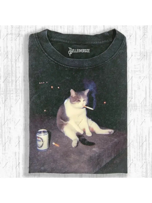 Vintage Smoking Cat T-Shirt – Retro Graphic Tee, Streetwear Casual Unisex Top (LUX0011)